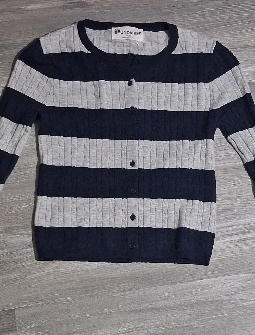 No Boundaries Navy and Light Gray Striped Button-Front Cardigan